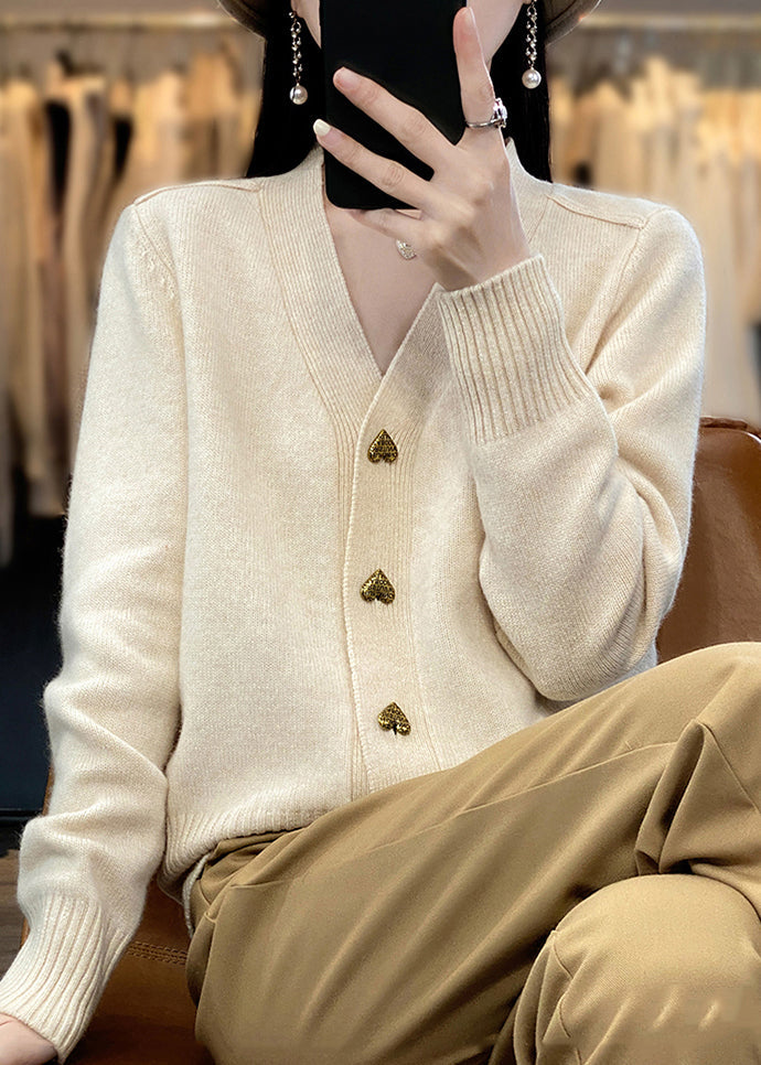 Knit Coats Spring Solid V Neck Beige Button