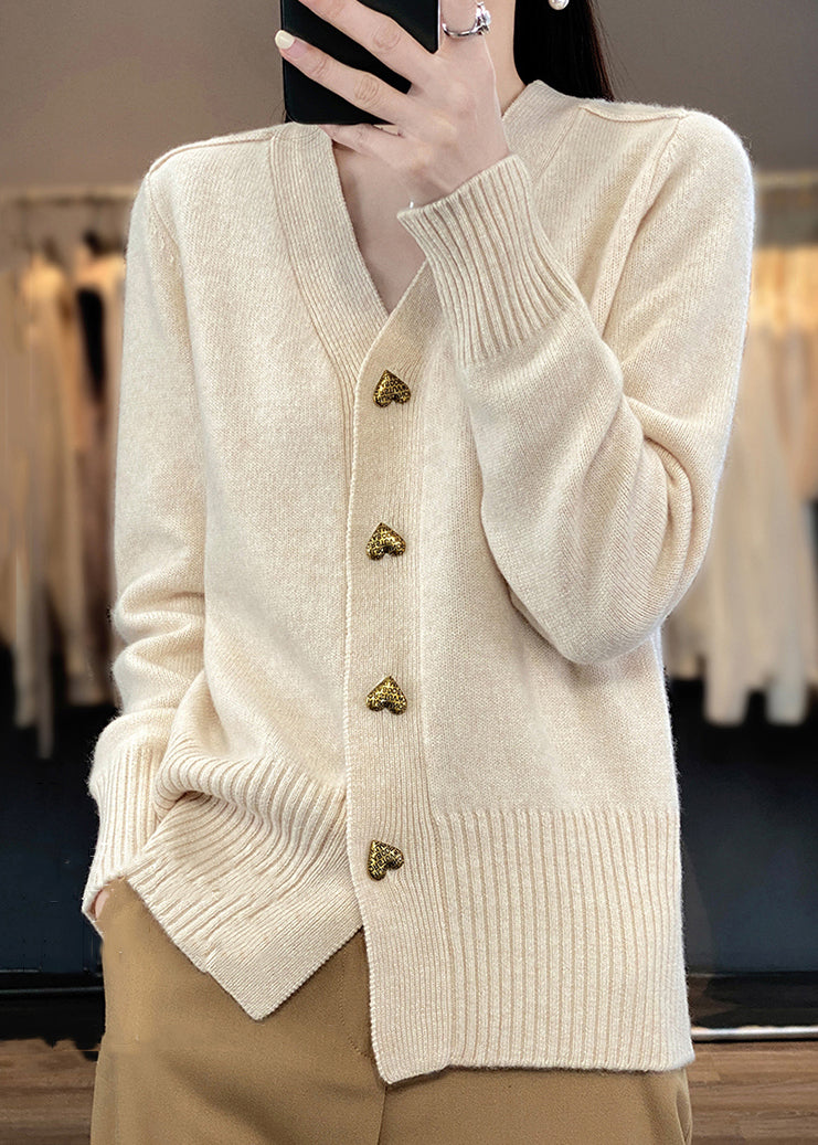 Knit Coats Spring Solid V Neck Beige Button