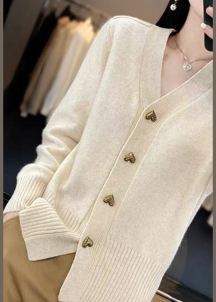 Knit Coats Spring Solid V Neck Beige Button