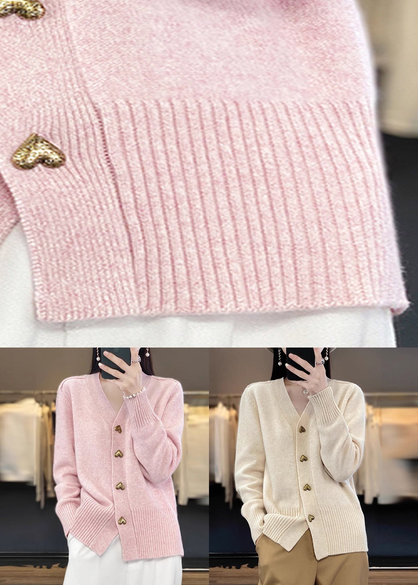 Knit Coats Spring Solid V Neck Beige Button