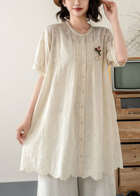 Line Cotton Embroidered Beige A Wrinkled Summer Tops