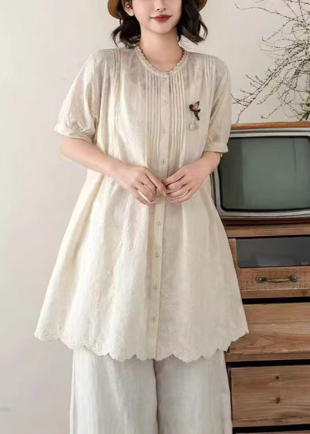 Line Cotton Embroidered Beige A Wrinkled Summer Tops