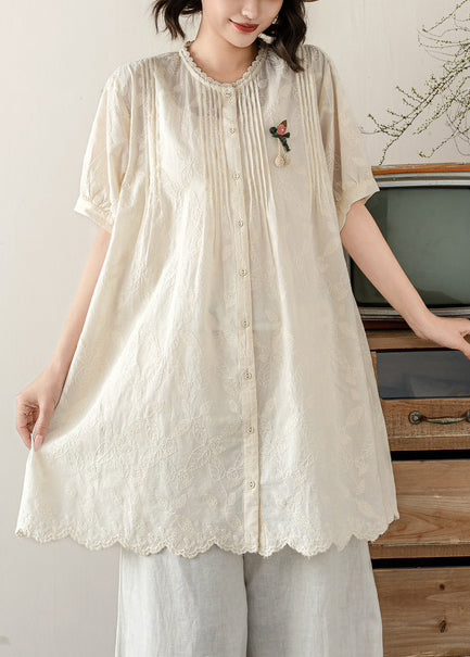 Line Cotton Embroidered Beige A Wrinkled Summer Tops