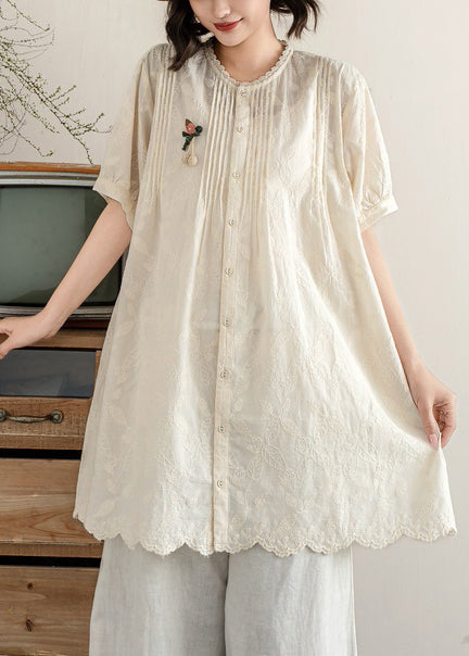Line Cotton Embroidered Beige A Wrinkled Summer Tops