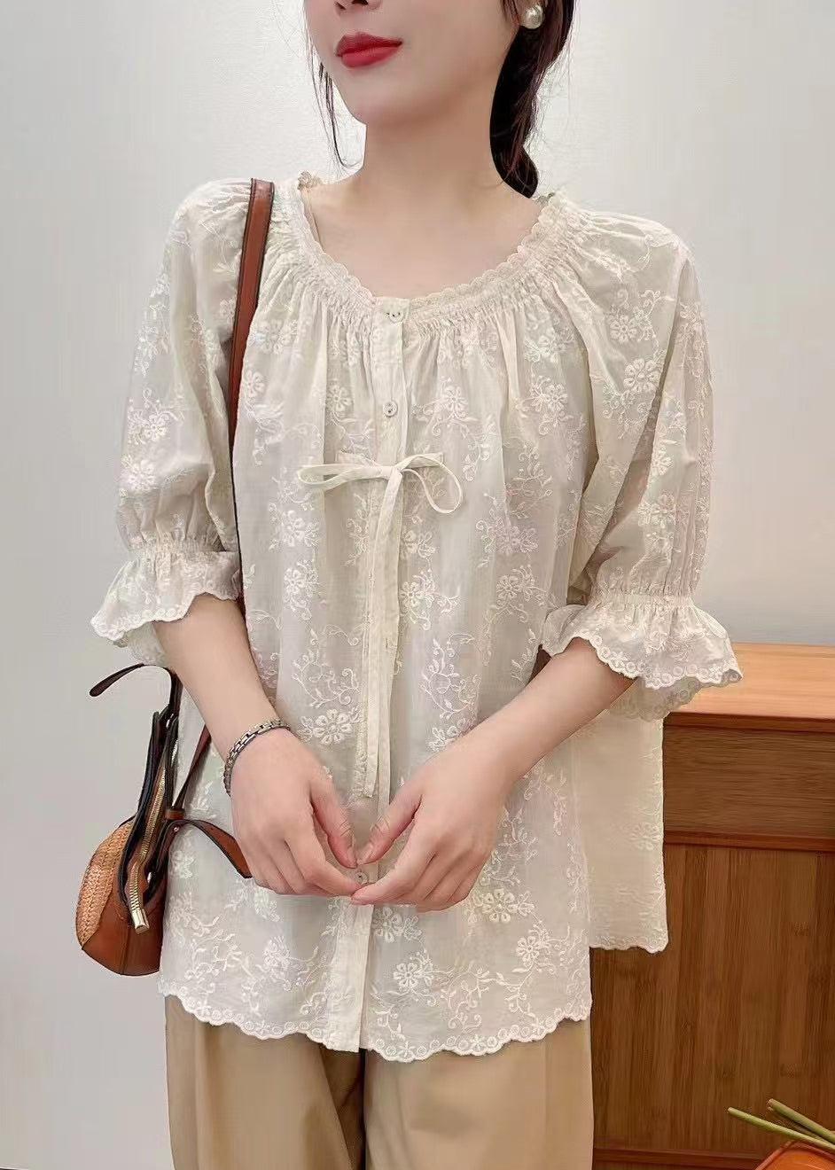 Lace Summer Embroidered Cotton Beige Up Shirts