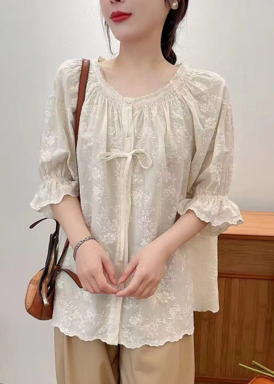 Lace Summer Embroidered Cotton Beige Up Shirts