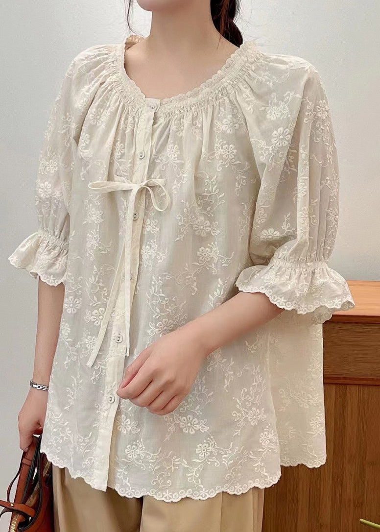 Lace Summer Embroidered Cotton Beige Up Shirts