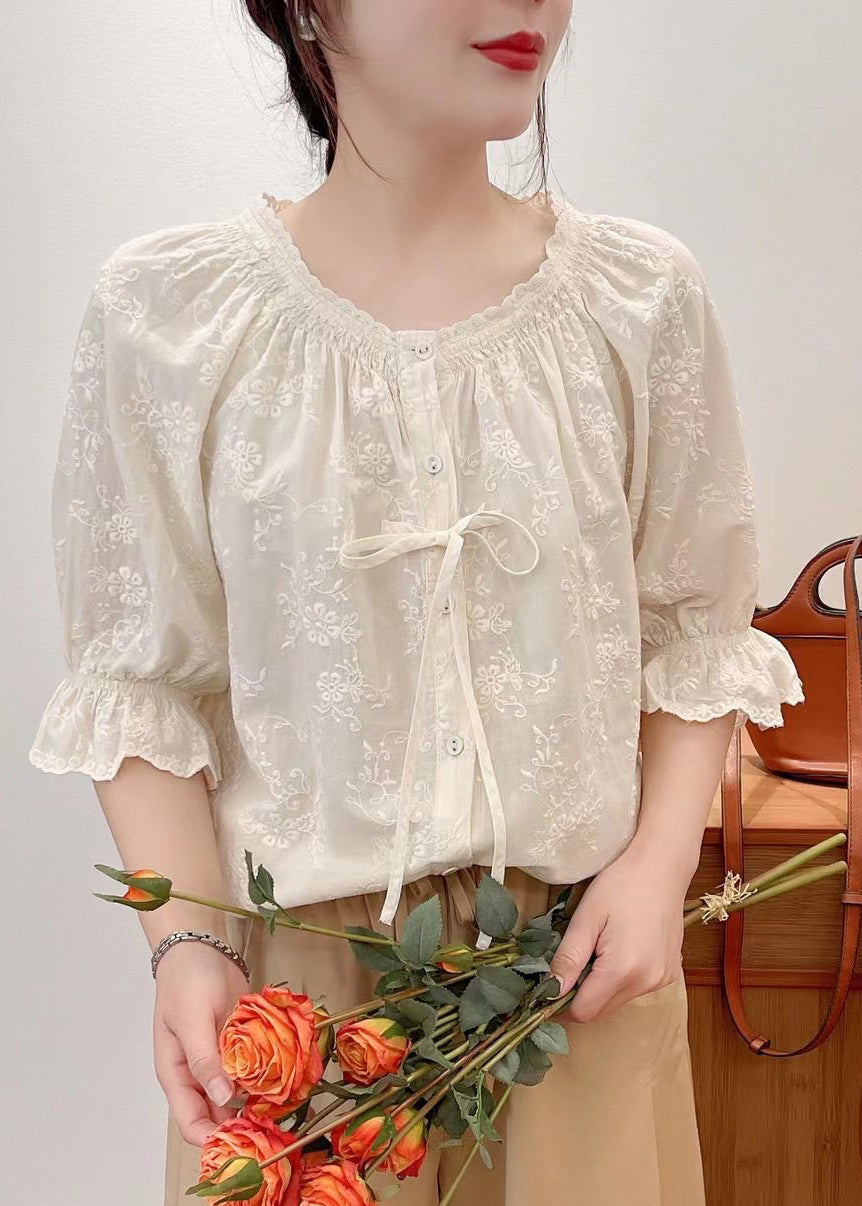 Lace Summer Embroidered Cotton Beige Up Shirts