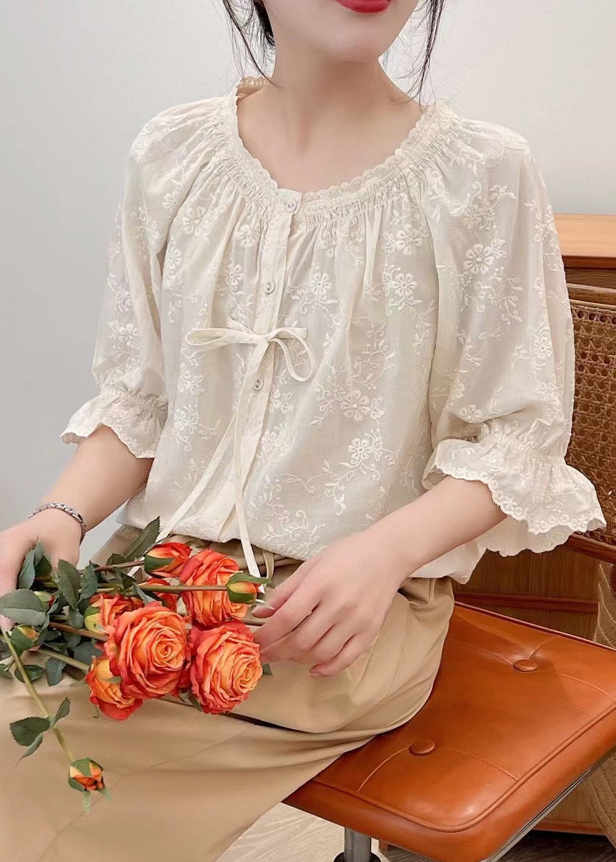 Lace Summer Embroidered Cotton Beige Up Shirts