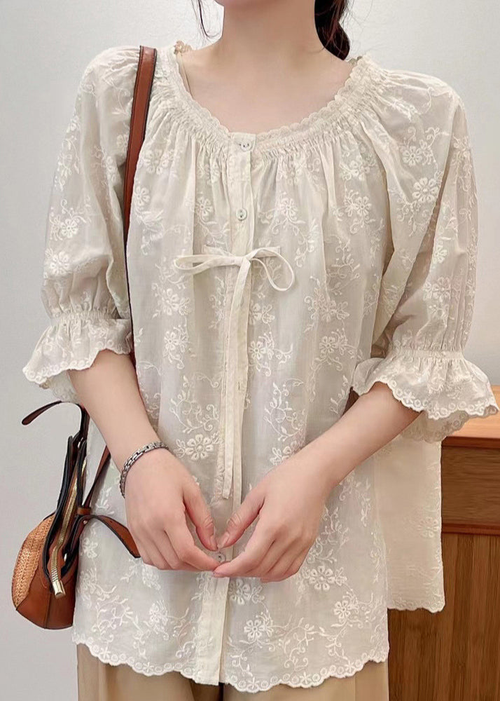 Lace Summer Embroidered Cotton Beige Up Shirts