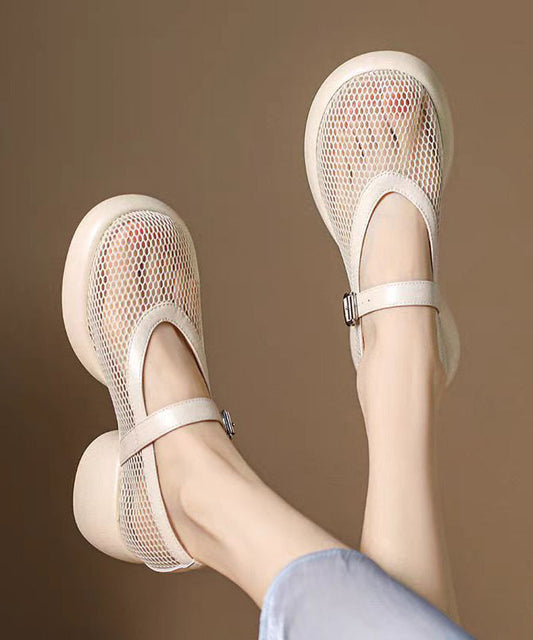 Leather Splicing Beige Mesh Buckle Breathable Cowhide Strap