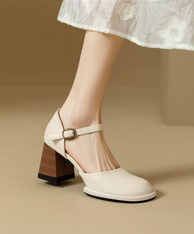 Splicing Chunky Leather Classy Cowhide Beige Sandals Heel