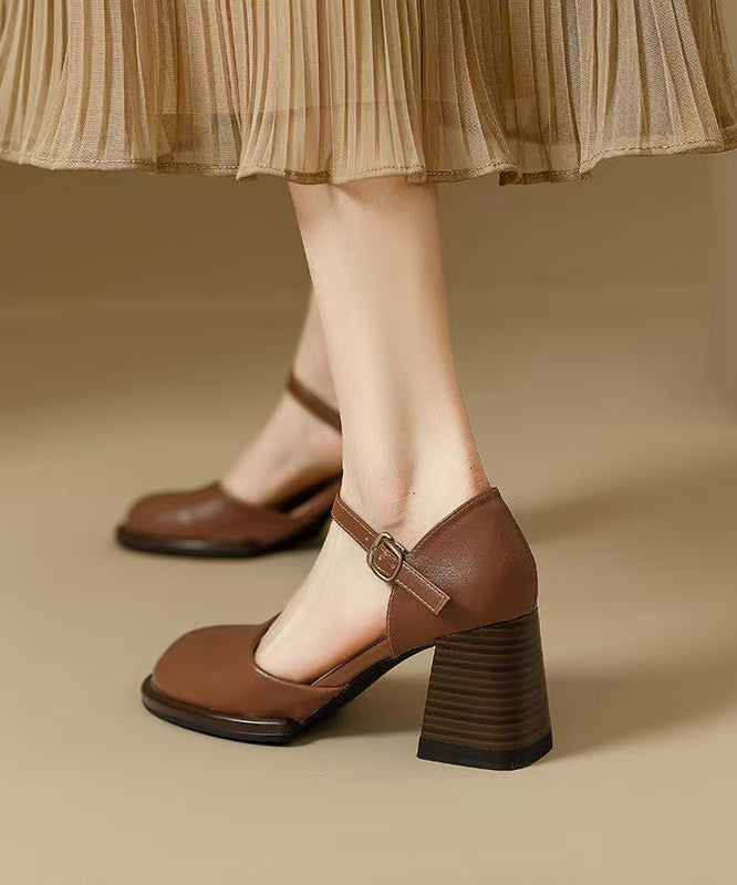 Splicing Chunky Leather Classy Cowhide Beige Sandals Heel