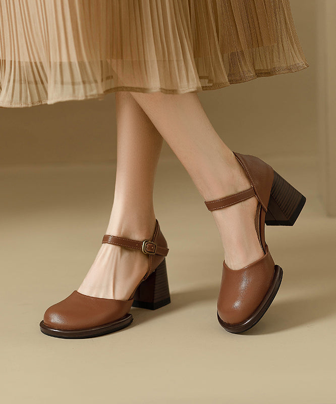 Splicing Chunky Leather Classy Cowhide Beige Sandals Heel