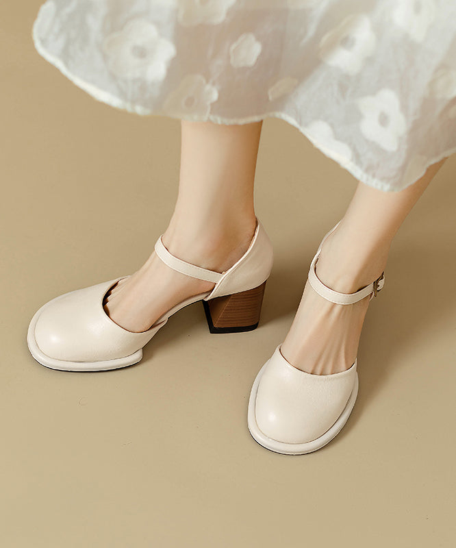 Splicing Chunky Leather Classy Cowhide Beige Sandals Heel