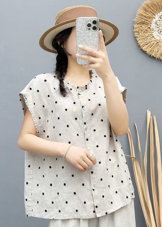 Beach Dot Beige Sleeveless Linen Vest Oversized