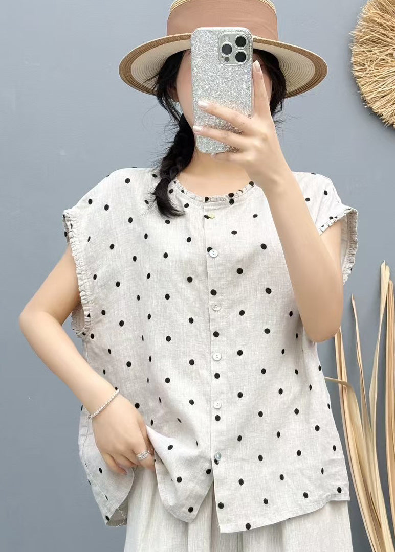 Beach Dot Beige Sleeveless Linen Vest Oversized