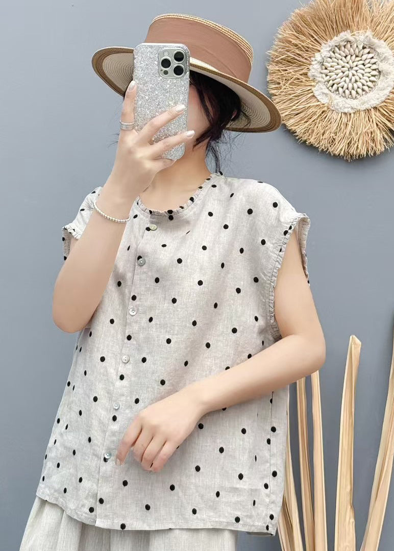 Beach Dot Beige Sleeveless Linen Vest Oversized