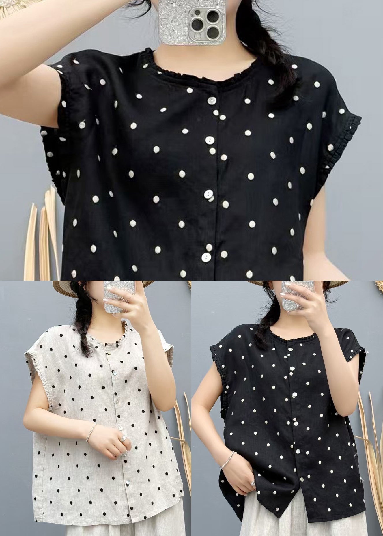 Beach Dot Beige Sleeveless Linen Vest Oversized