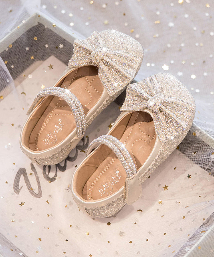 Buckle Shoes Beige Strap Bead Nail Girls Princess Kids Bow Fine