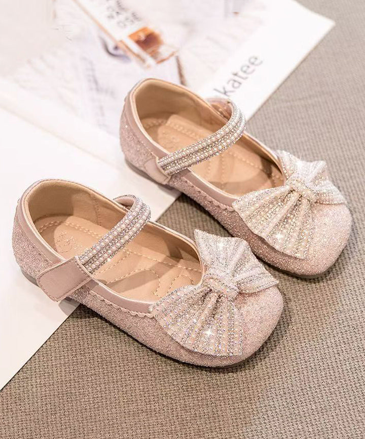 Buckle Shoes Beige Strap Bead Nail Girls Princess Kids Bow Fine