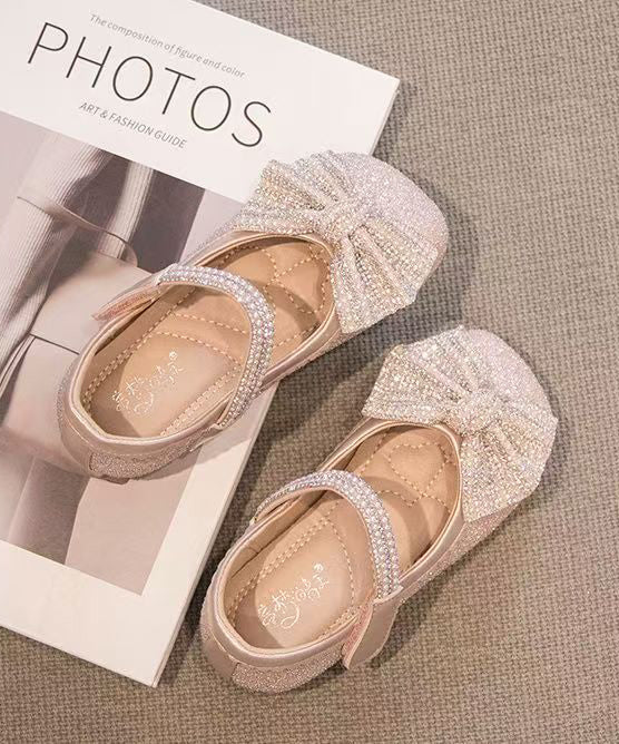 Buckle Shoes Beige Strap Bead Nail Girls Princess Kids Bow Fine