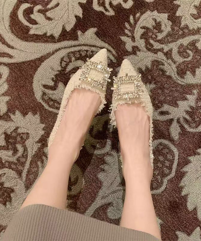 Beige Feet Shoes French Toe Flat Splicing Zircon Pointed