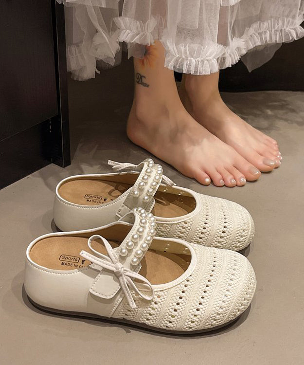 Platform Sandals Beige Slide Nail Bead Splicing Knit Breathable