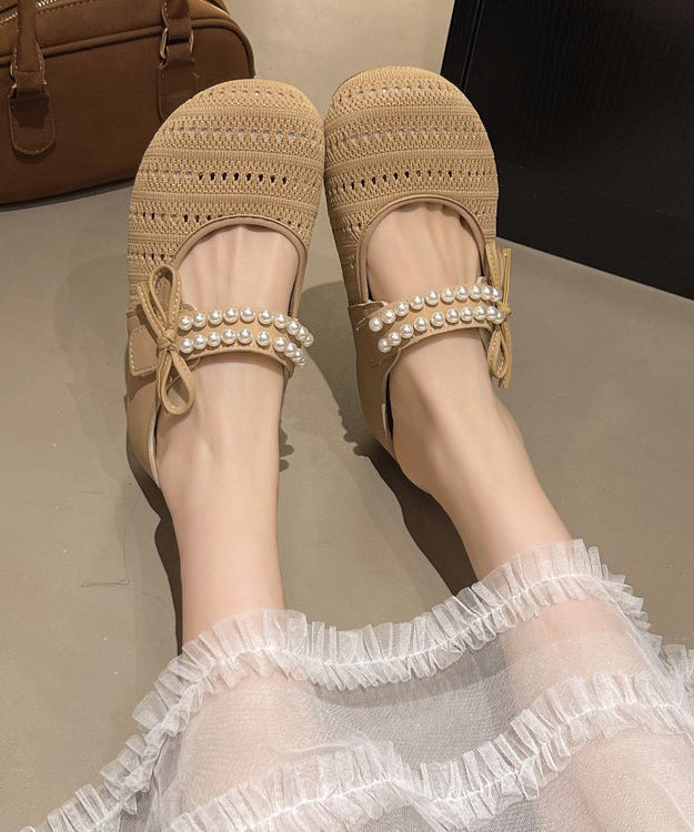 Platform Sandals Beige Slide Nail Bead Splicing Knit Breathable