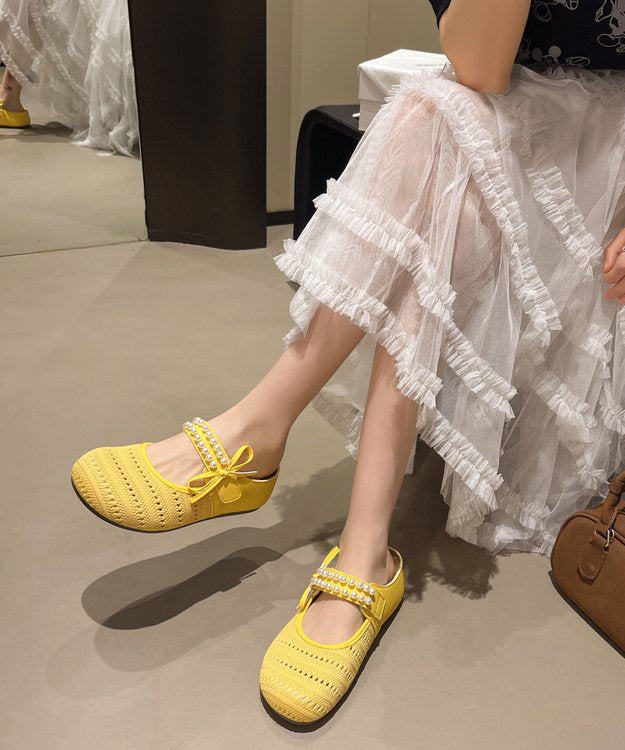 Platform Sandals Beige Slide Nail Bead Splicing Knit Breathable