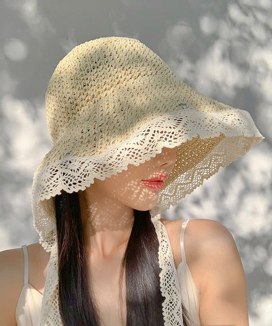 Beige Lace Brimmed Women Woven Large Summer Sun Straw Hat