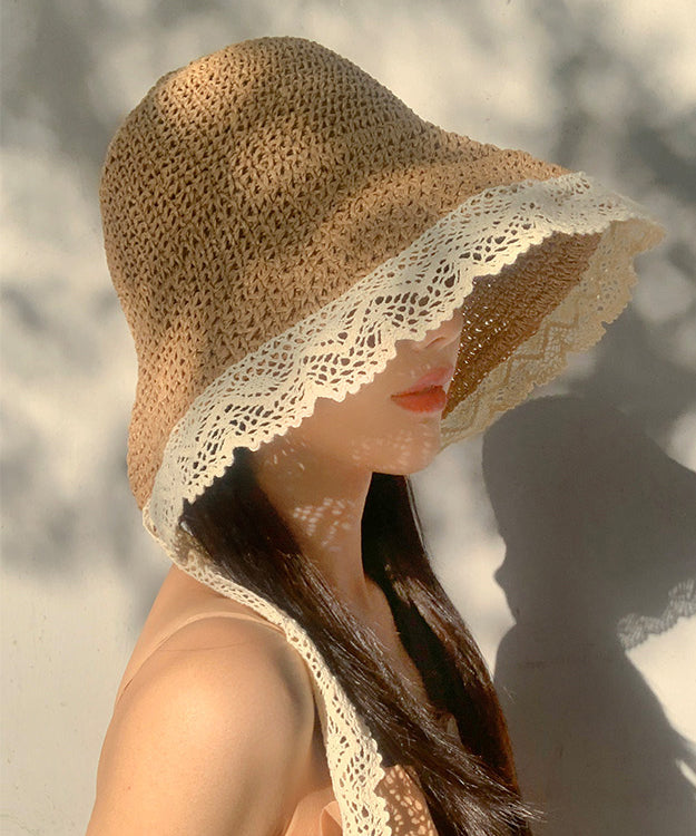 Beige Lace Brimmed Women Woven Large Summer Sun Straw Hat