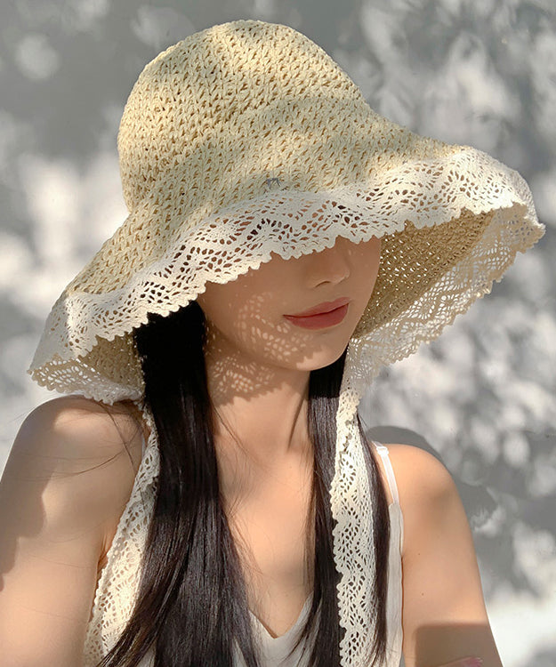 Beige Lace Brimmed Women Woven Large Summer Sun Straw Hat
