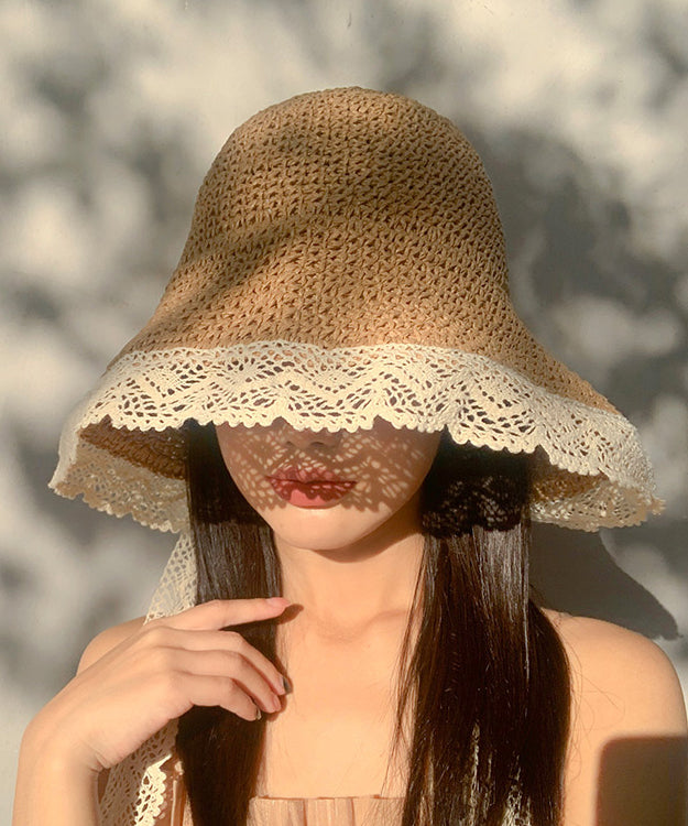 Beige Lace Brimmed Women Woven Large Summer Sun Straw Hat