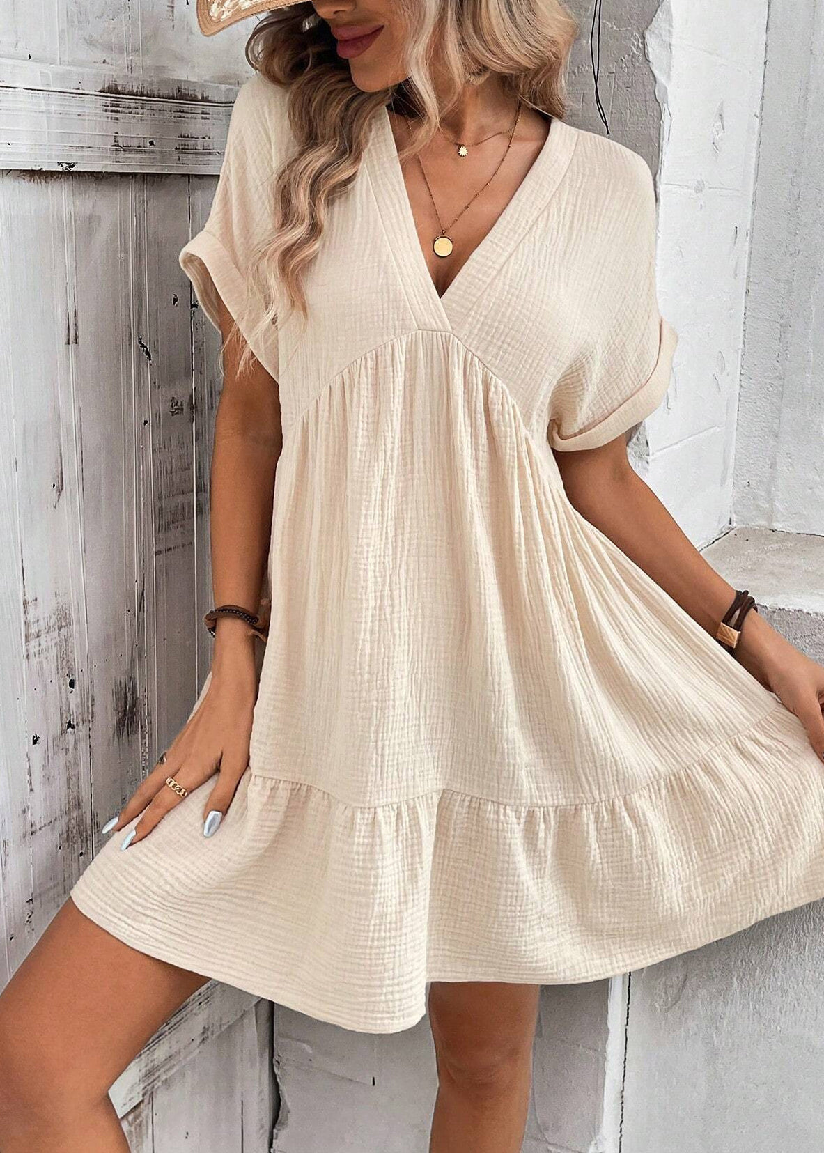 Dress Patchwork Cotton V Beige Neck Summer Vacation