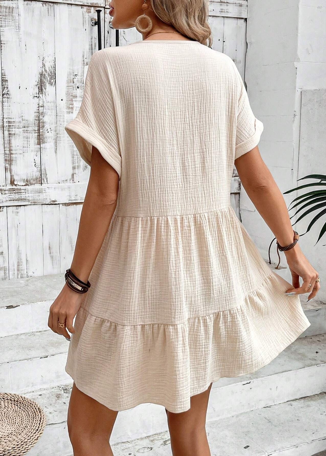 Dress Patchwork Cotton V Beige Neck Summer Vacation