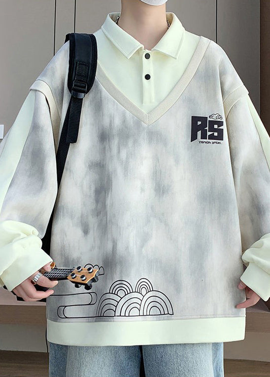 Patchwork Peter Beige Mens Sweatshirt Cotton Pan Two False Pieces