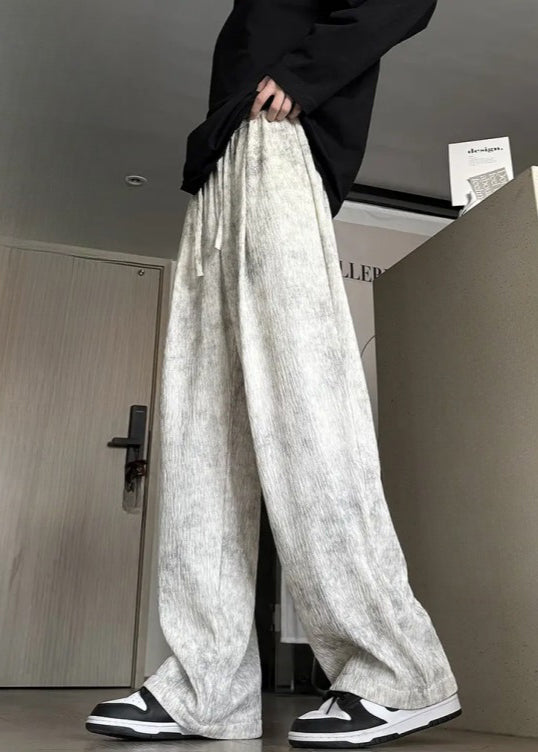 Pants Lace Beige Up Cotton Dye Tie Men Wide Leg Pockets