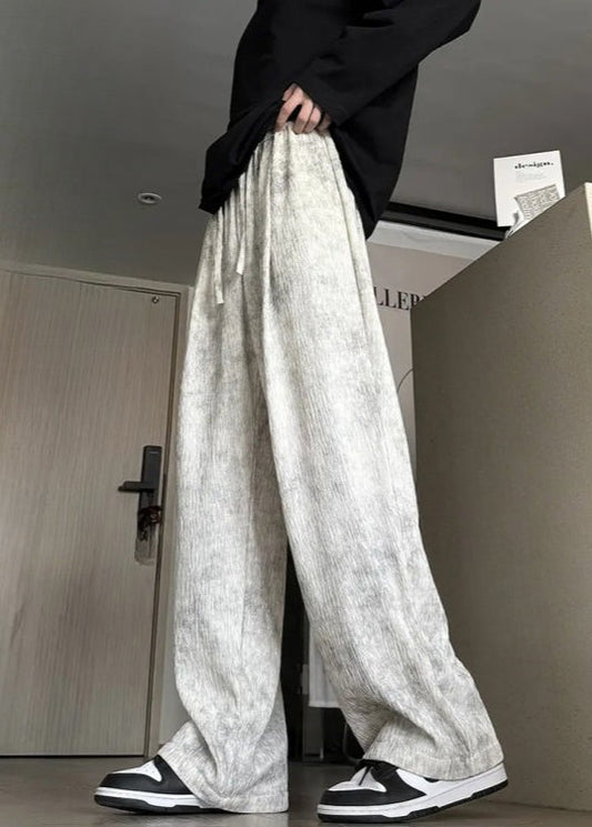 Pants Lace Beige Up Cotton Dye Tie Men Wide Leg Pockets