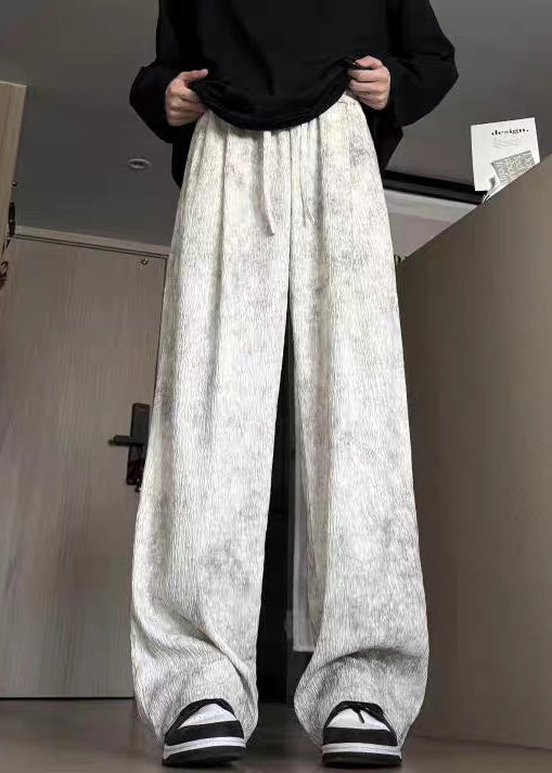 Pants Lace Beige Up Cotton Dye Tie Men Wide Leg Pockets