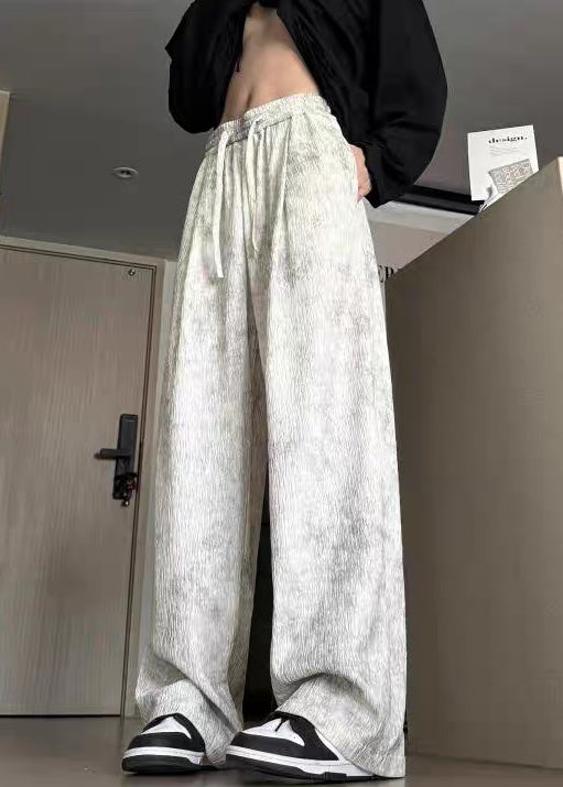 Pants Lace Beige Up Cotton Dye Tie Men Wide Leg Pockets