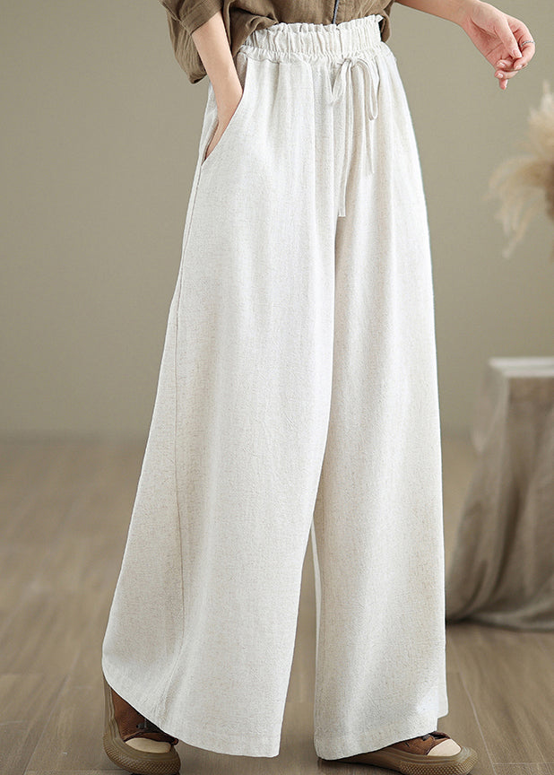 Beige Pockets Simple Cotton Wide Leg Pants Drawstring Fall QO045