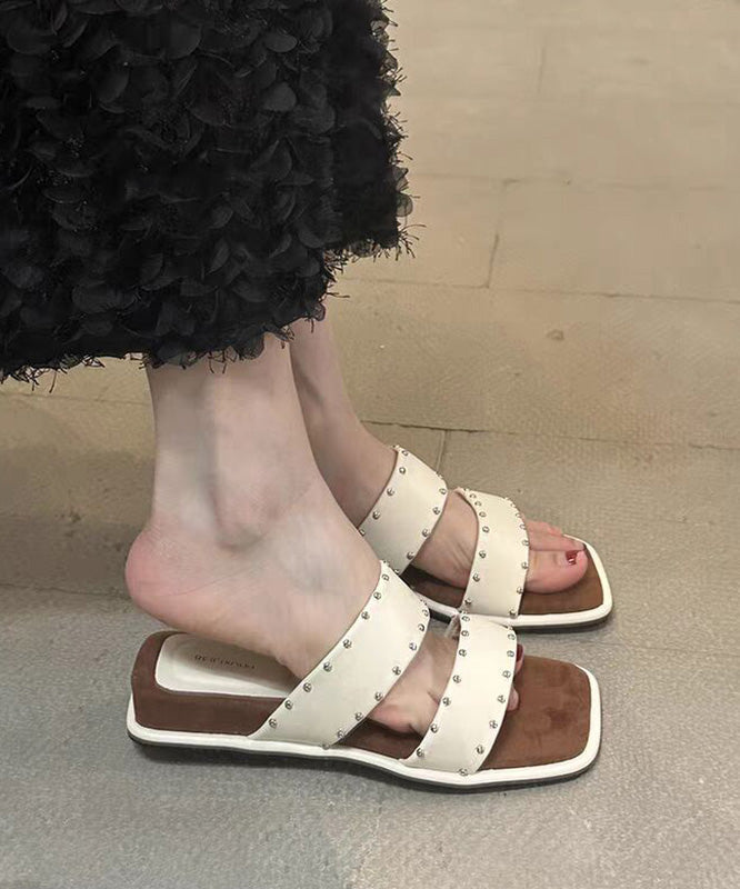 Wedge Sandals Peep Rivet Splicing Slide Beige Toe