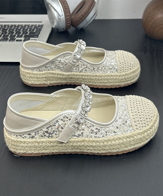 Strap Shoes Beige Sequins Flat Zircon Buckle Splicing Platform