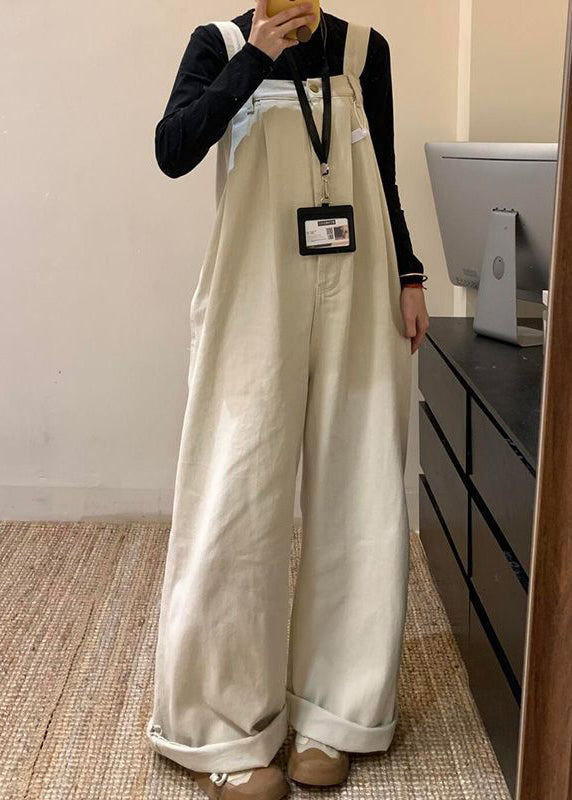 Leg Jumpsuit Solid Summer Wide Beige High Waist Denim