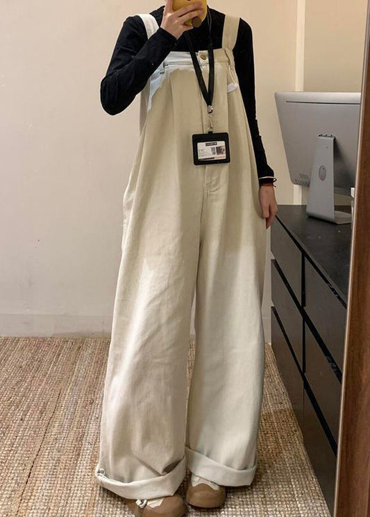 Wide High Denim Solid Leg Beige Summer Jumpsuit Waist