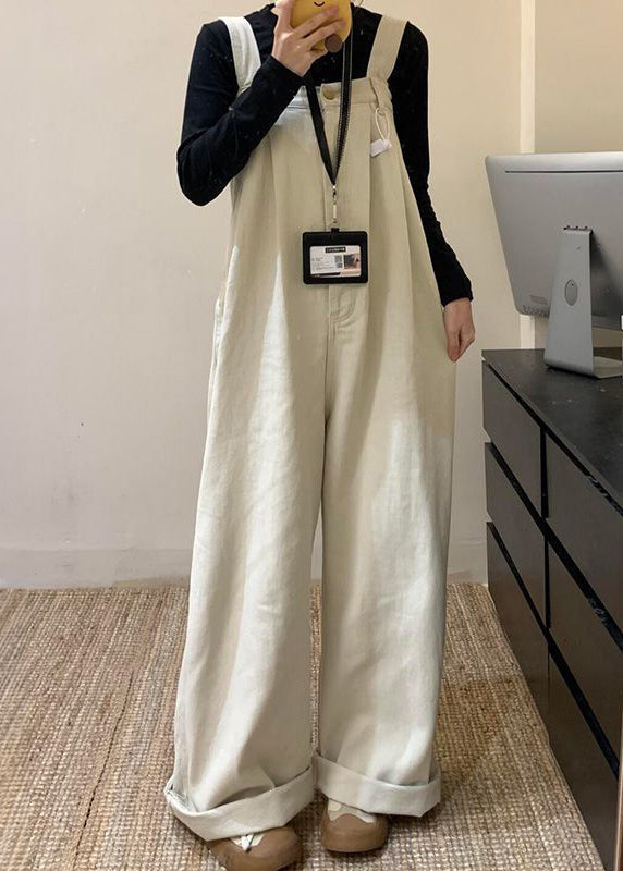 Wide High Denim Solid Leg Beige Summer Jumpsuit Waist