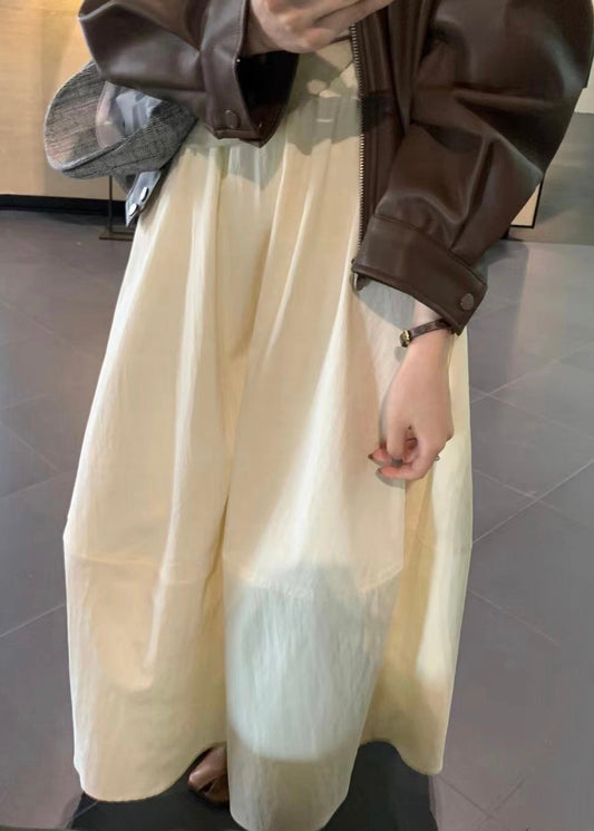 Solid Cotton Patchwork Waist Skirts Elastic Beige