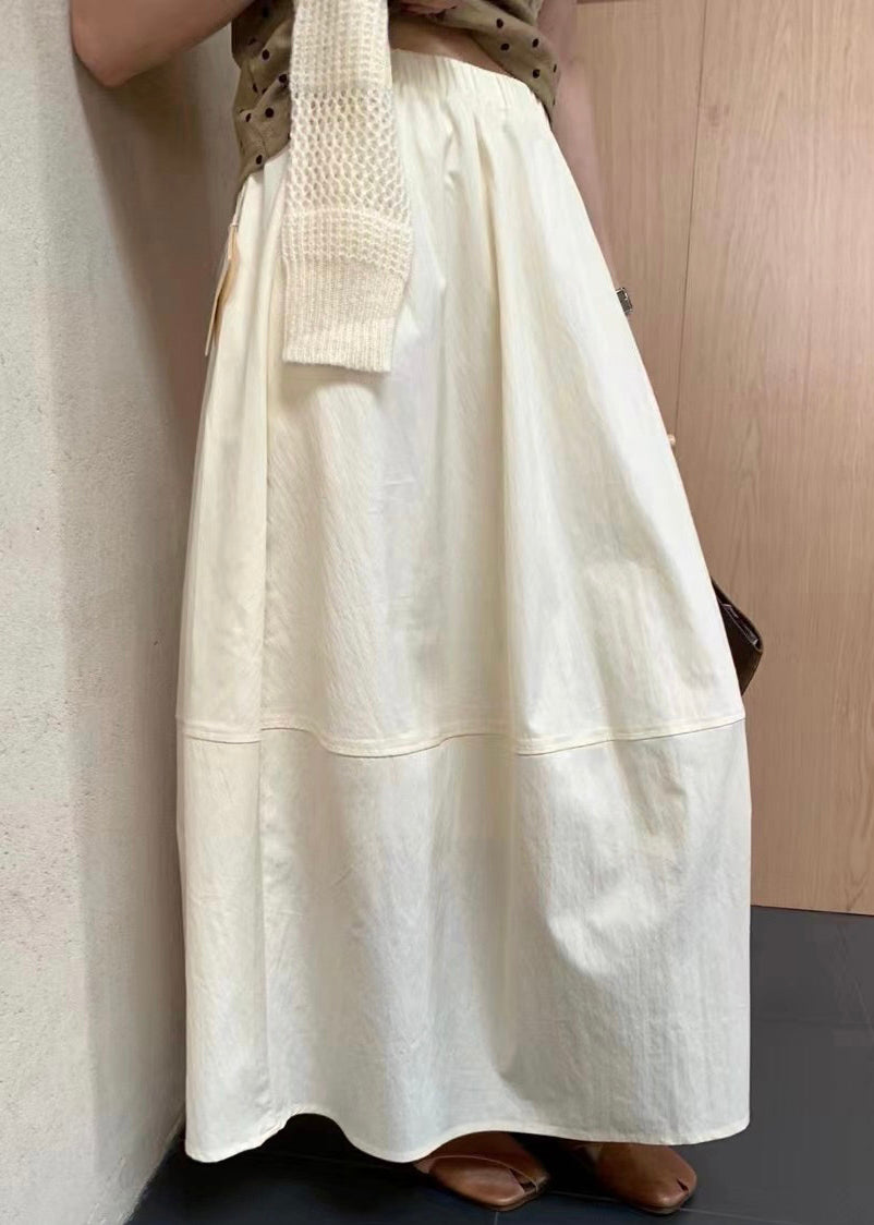 Solid Cotton Patchwork Waist Skirts Elastic Beige