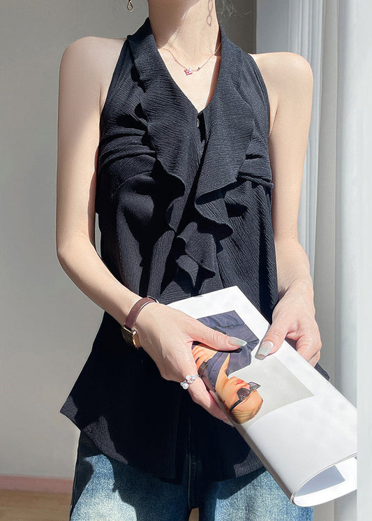Cotton Black Ruffled Blouses Backless Button Summer